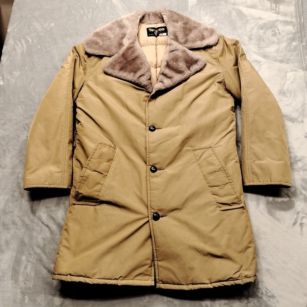 VTG Tempco Jacket Mens M Tan Down Insulated Faux Fur Collar Parka Made In USA